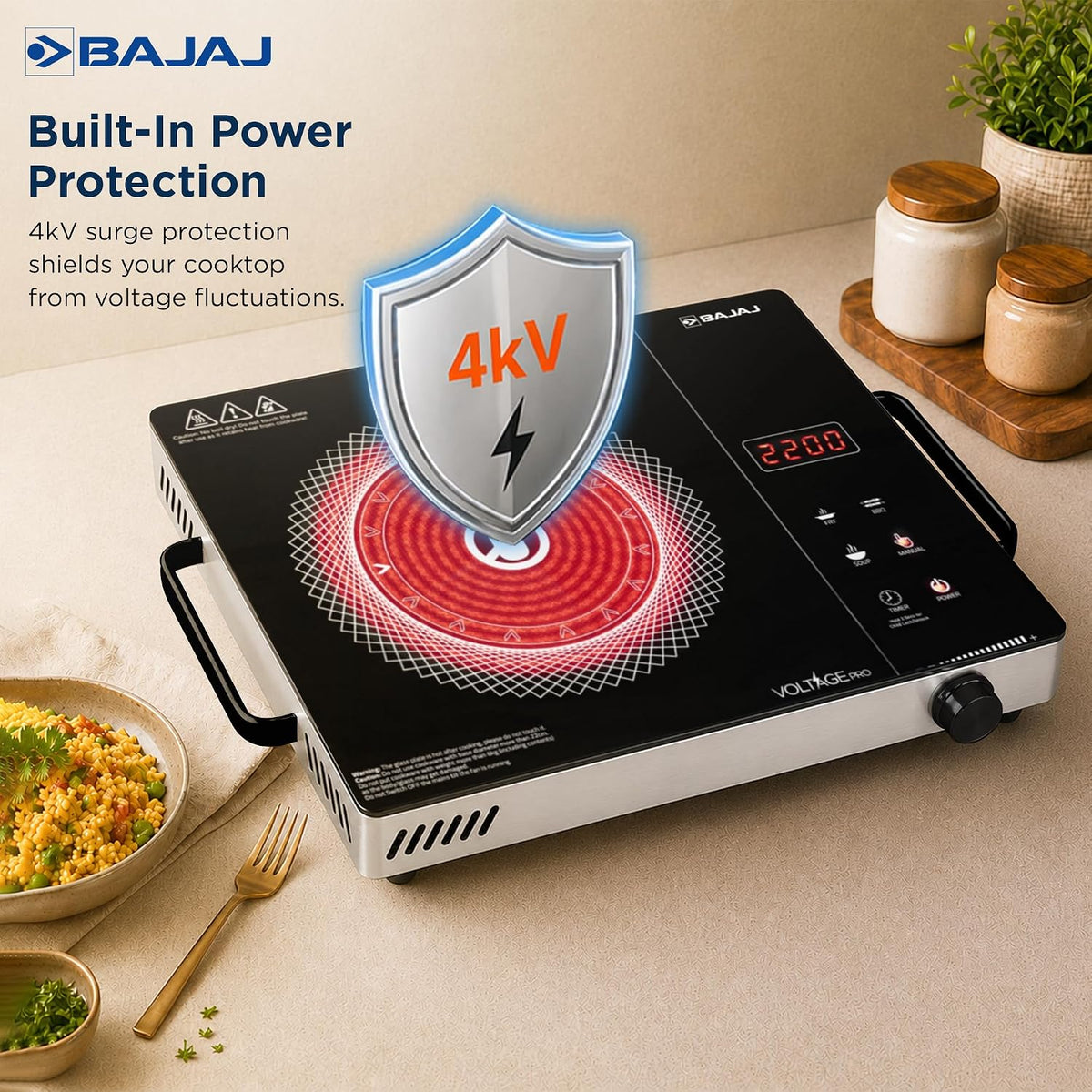 Bajaj Bajaj IRX 220F Infrared Induction Cooktop | 2200 Watts | 11 Power Level | 3 Preset Menu | Feather Touch Controls | Digital display | 1 Year Warranty 【Black/Silver】 - image 3