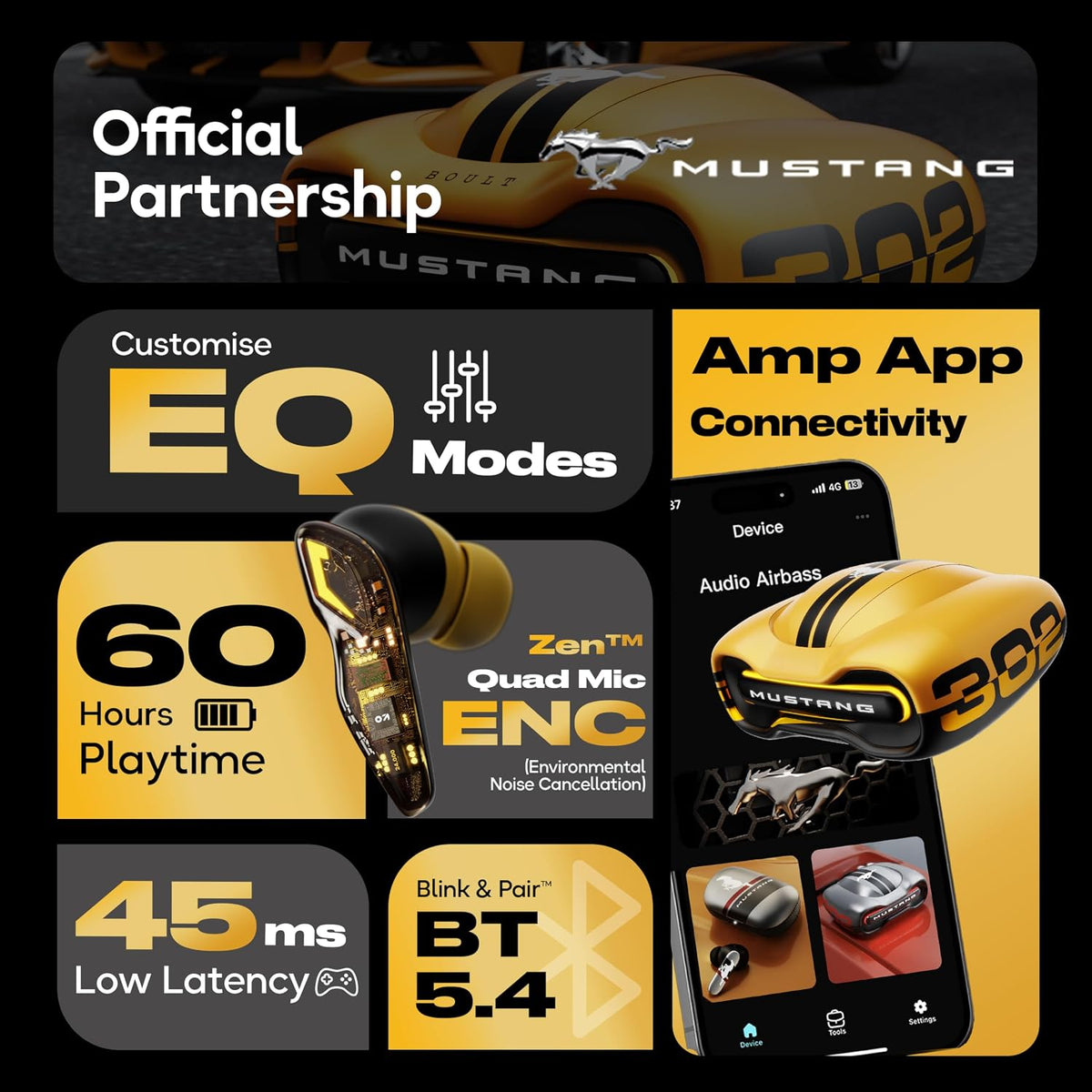 GOBOULT GOBOULT Mustang Torq Wireless in Ear Earbuds with 60H Playtime, App Support, Quad Mic ENC, 45ms Low Latency, 13mm Driver, Breathing LEDs, Made in India Ear Buds Wireless (Yellow) - image 2