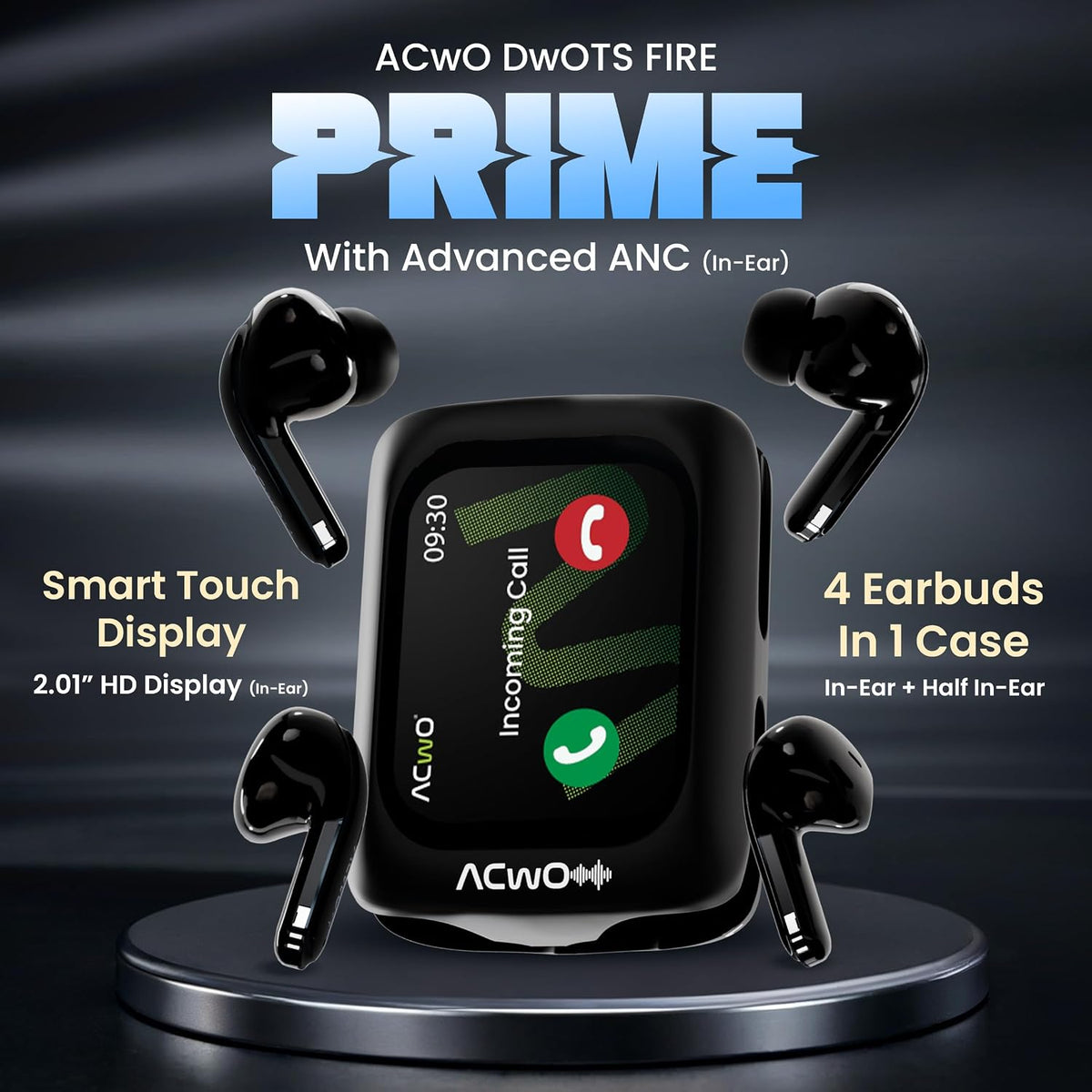 ACwO ACwO Fire Prime TWS Earbuds (in-Ear & Half-in-Ear in 1 Case) | Smart HD Display + 40dB ANC (in-Ear) | 80 Hrs Playtime | | 4 Mics AI-ENC | 3D Spatial Sound | BT V5.4 | Black Prime Black - image 2