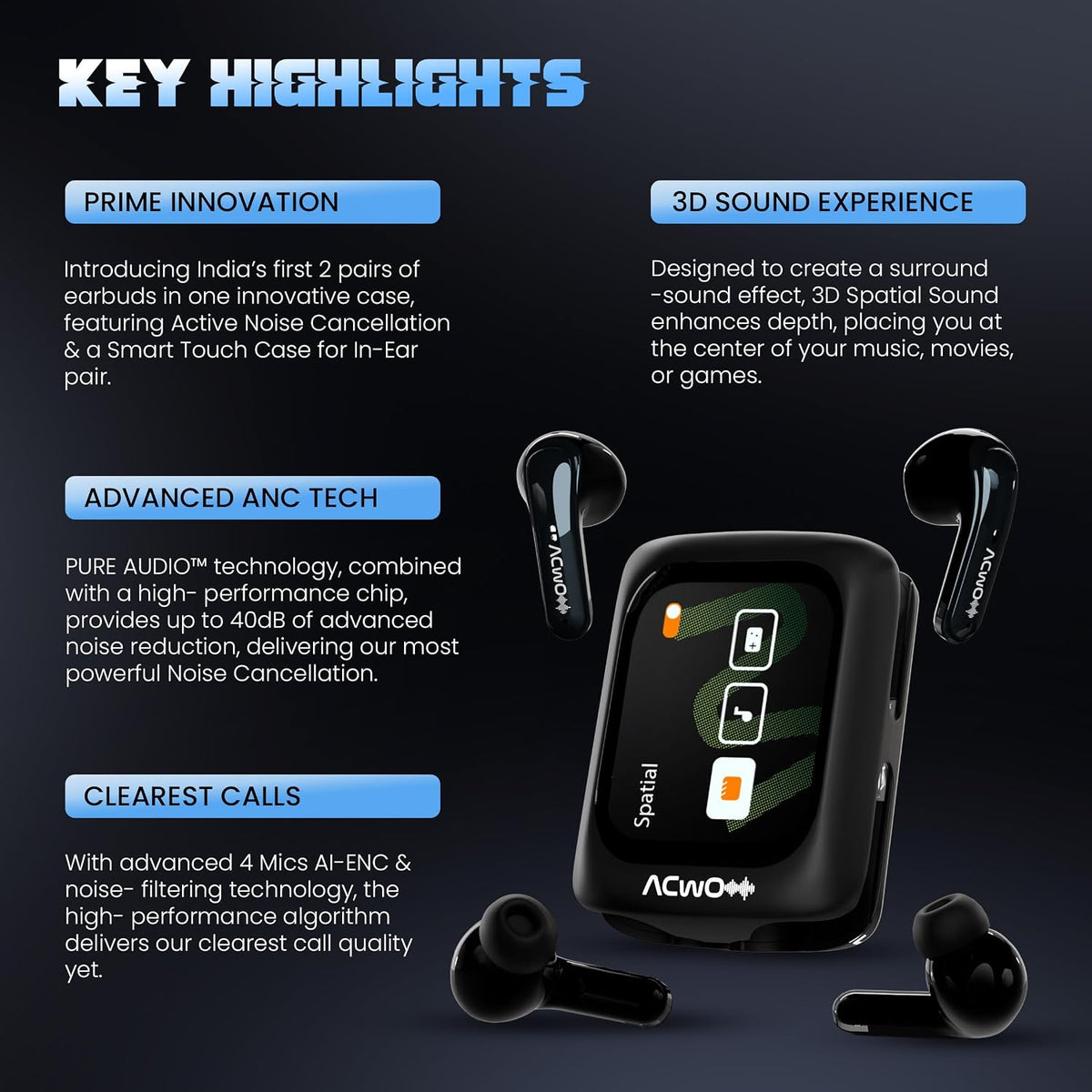 ACwO ACwO Fire Prime TWS Earbuds (in-Ear & Half-in-Ear in 1 Case) | Smart HD Display + 40dB ANC (in-Ear) | 80 Hrs Playtime | | 4 Mics AI-ENC | 3D Spatial Sound | BT V5.4 | Black Prime Black - image 4