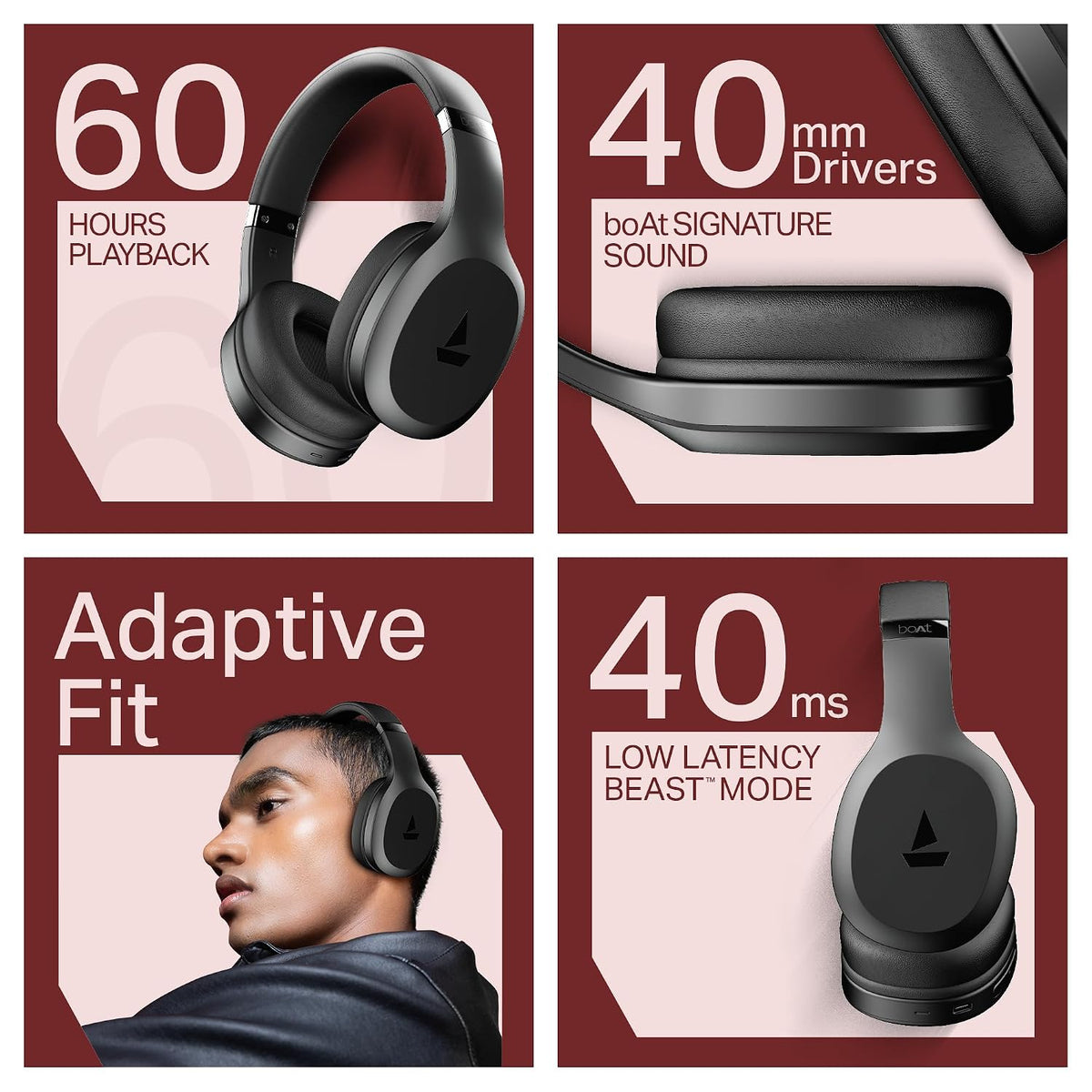 boAt boAt Rockerz 412, 60H Battery, 40Mm Drivers, 40Ms Low Latency, ENx Tech, Stream Ad Free Music via App Support, Bluetooth Headphones, Wireless Over Ear Headphone with Mic (Active Black) - image 2
