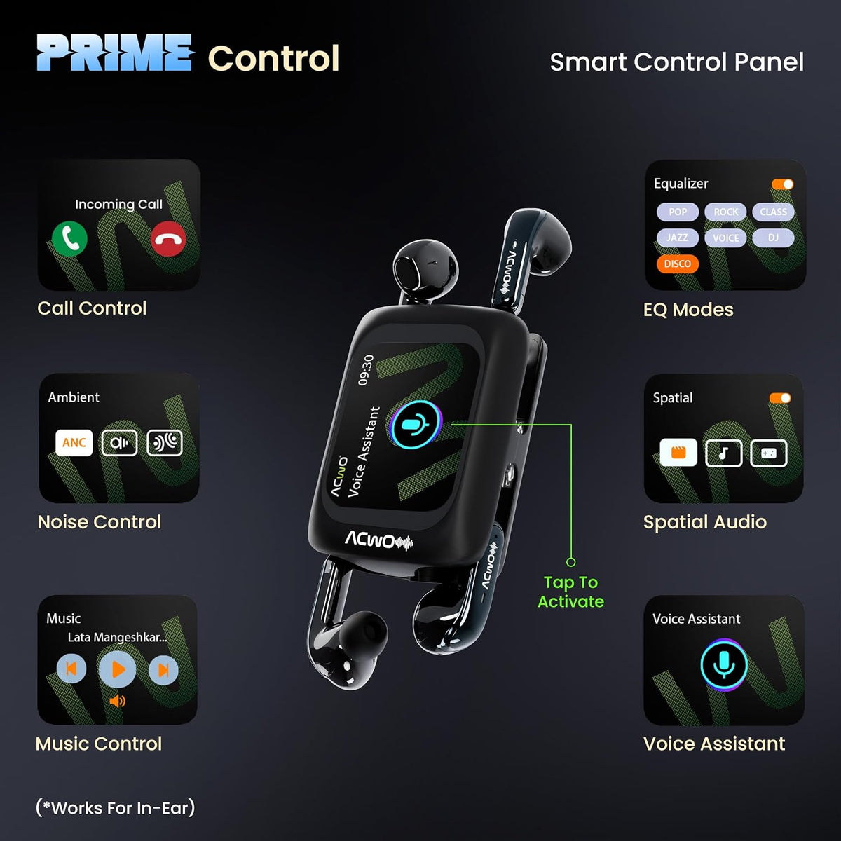ACwO ACwO Fire Prime TWS Earbuds (in-Ear & Half-in-Ear in 1 Case) | Smart HD Display + 40dB ANC (in-Ear) | 80 Hrs Playtime | | 4 Mics AI-ENC | 3D Spatial Sound | BT V5.4 | Black Prime Black - image 7