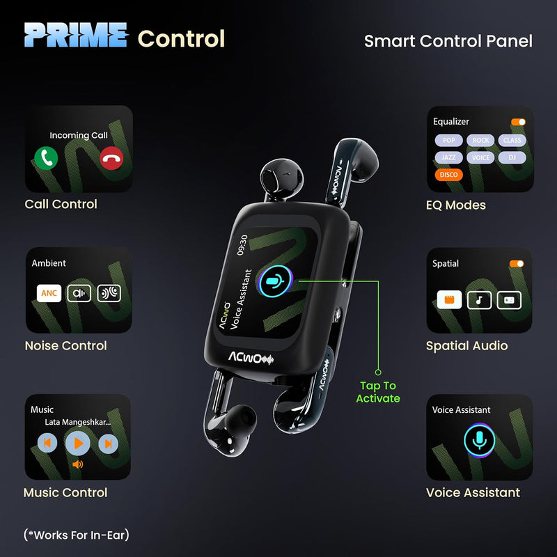 ACwO ACwO Fire Prime TWS Earbuds (in-Ear & Half-in-Ear in 1 Case) | Smart HD Display + 40dB ANC (in-Ear) | 80 Hrs Playtime | | 4 Mics AI-ENC | 3D Spatial Sound | BT V5.4 | Black Prime Black - image 7
