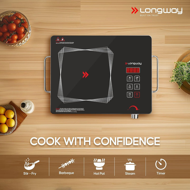 LONGWAY Longway Infralite Pro 2200W Infrared Hot Plate Cooktop with Steel Grill Rack, Crystal Glass Top, Touch Panel & Digital Display, 4 Preset Modes – Stir Fry, BBQ, Hot Pot & Steam, Black - image 3