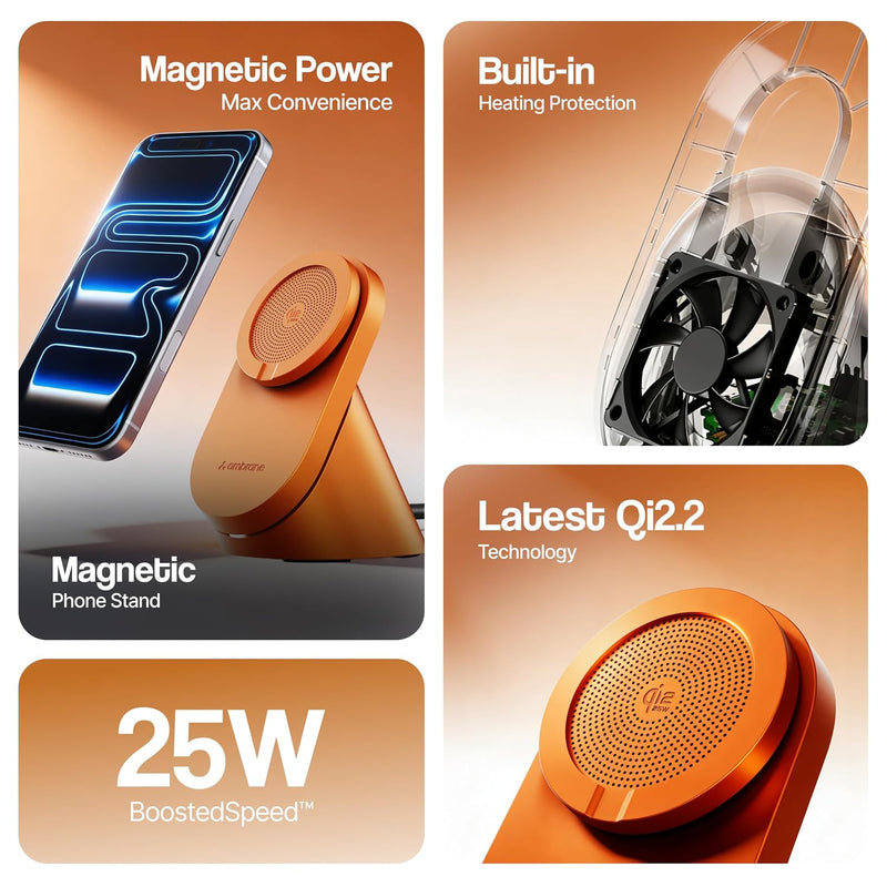 Ambrane 25W Qi2.2 Magsafe Wireless Charger with Stand & Heat Control Mechanism, Perfect for Table, Fast Charge 40% in Just 30 Mins Wirelessly for iPhone 12-17 All Models (AerosynQ 4, Orange)