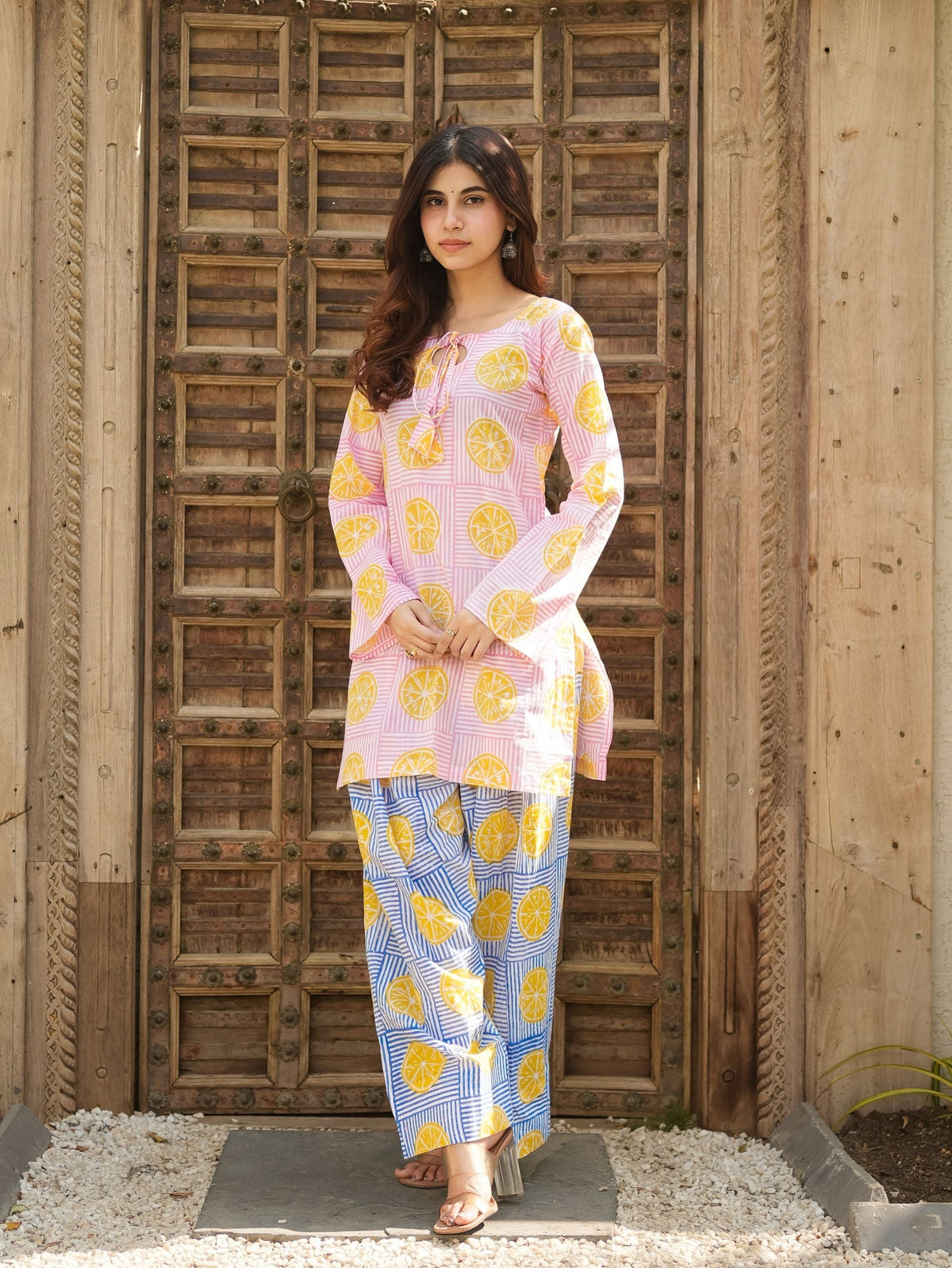 Summer Lemon Sorbet Pink Cotton Kurta Set with Handblock Farshi Salwar