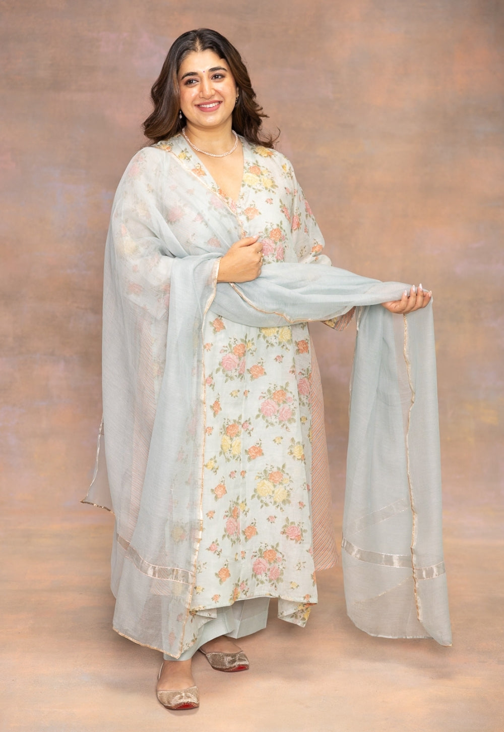 Rosalie Blue Sanganeri Chanderi Silk A Line Kurta with Hand Embroidery and Slip