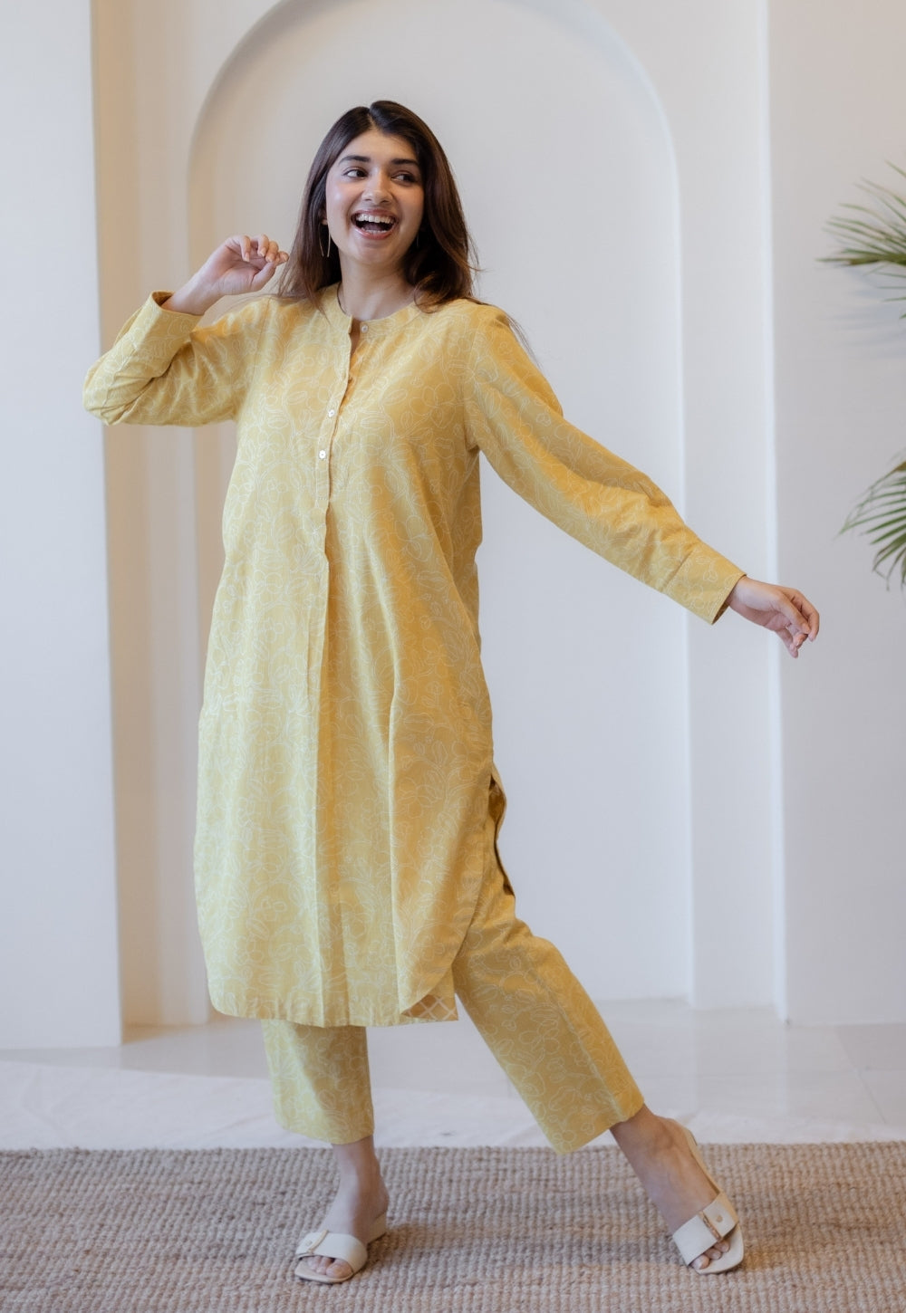 Asma Mustard Hand Block Print Slub Cotton A Line Kurta with Hand Embroidery