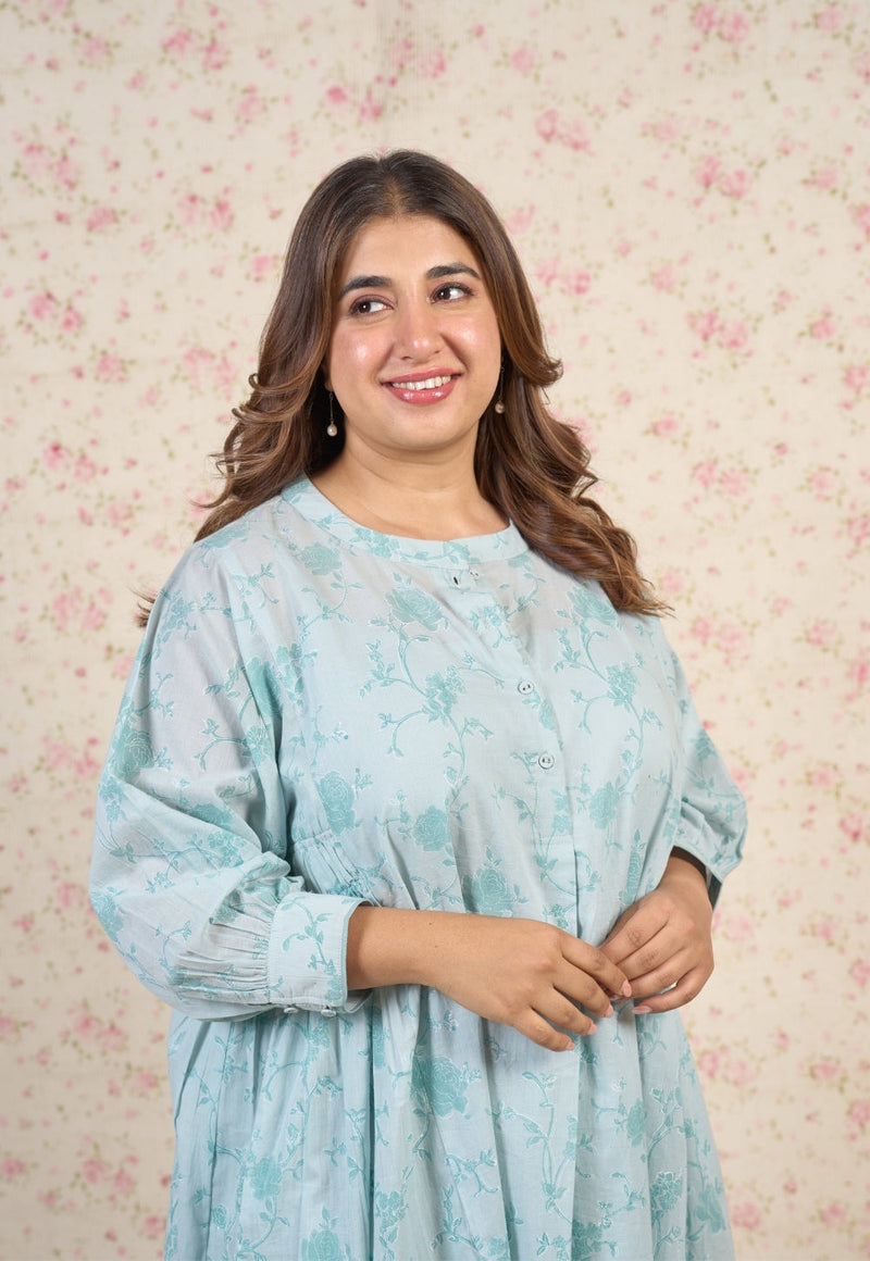 Clara Blue Floral Sanganeri Mul Cotton A Line Dress