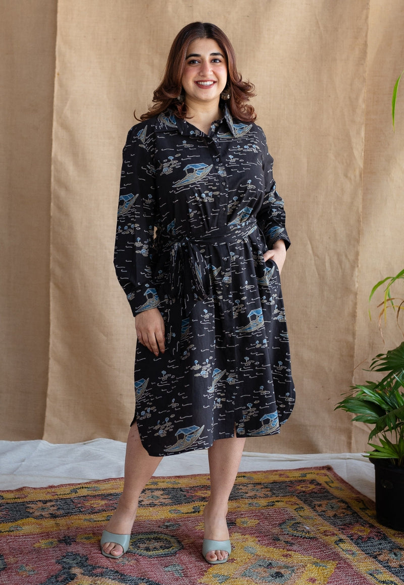 Sirin Charcoal Ajrakh Cotton A Line Dress