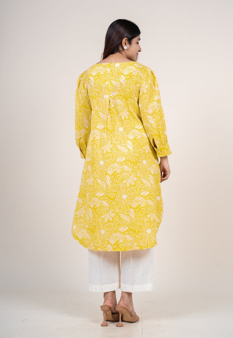 Akira Bright Yellow Printed Mul Straight Kurta
