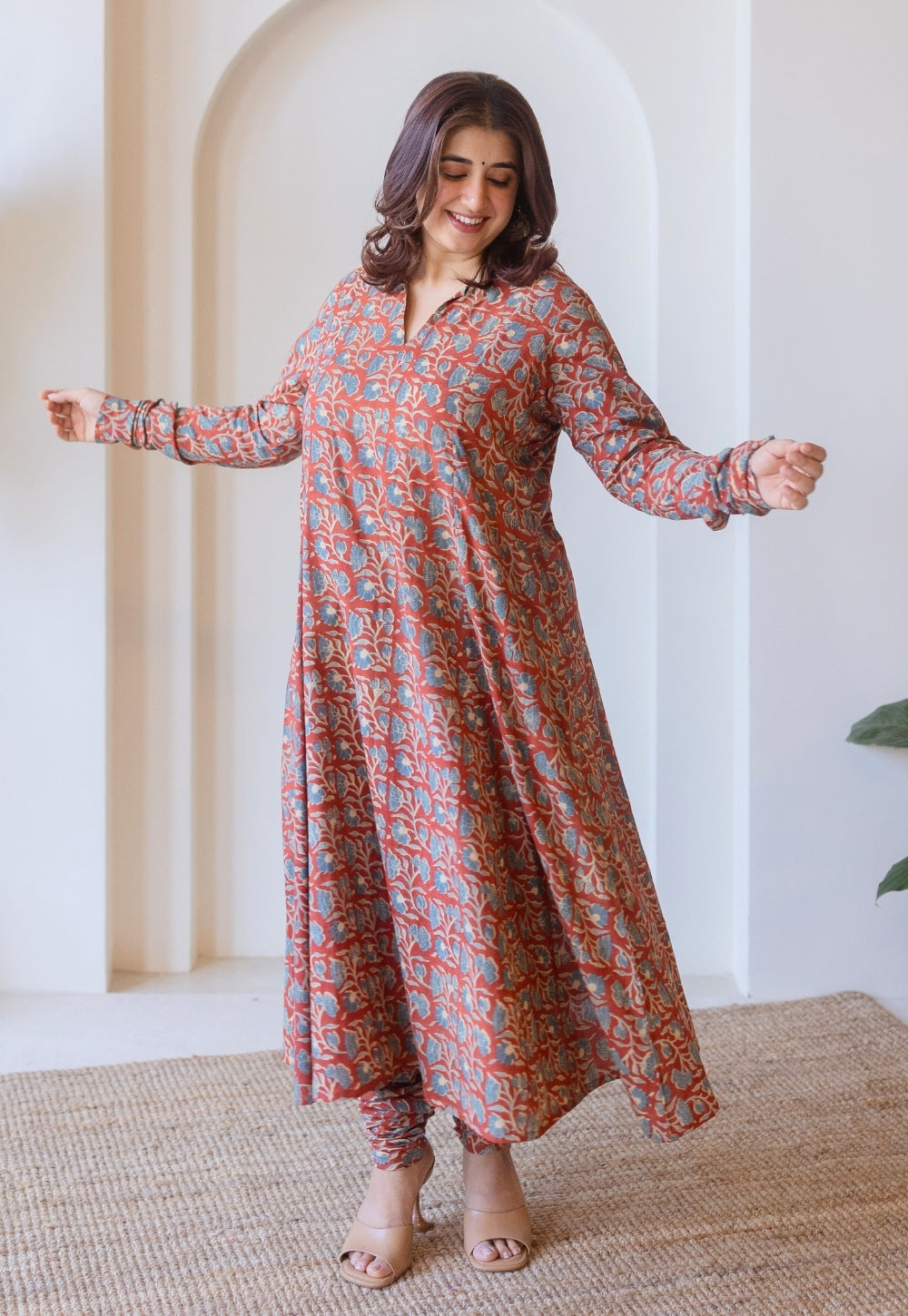 Shinat Red Ajrakh Cotton Kali Kurta with Hand Embroidery