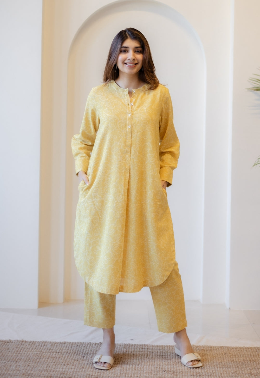 Asma Mustard Hand Block Print Slub Cotton A Line Kurta with Hand Embroidery