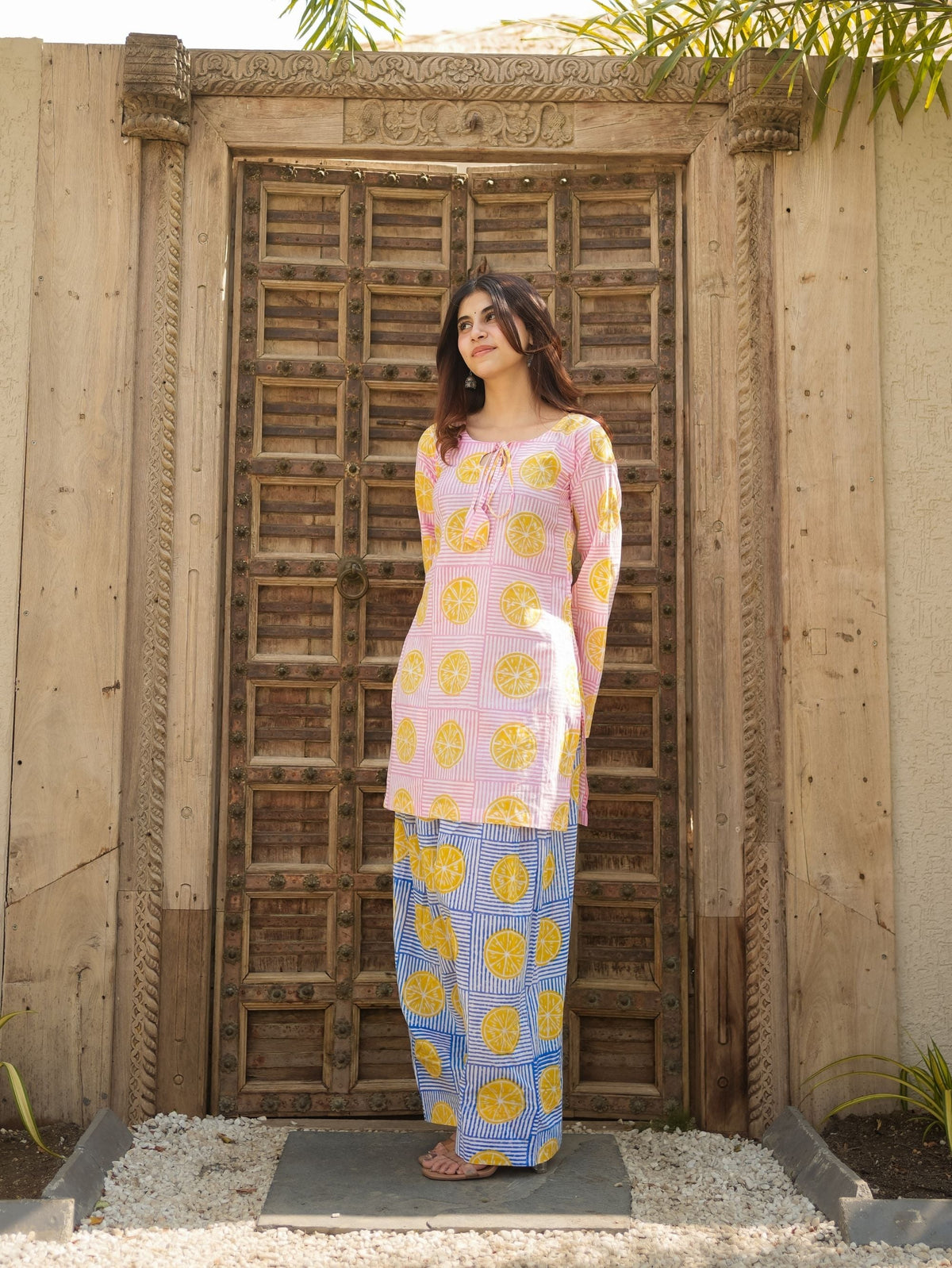 Summer Lemon Sorbet Pink Cotton Kurta Set with Handblock Farshi Salwar