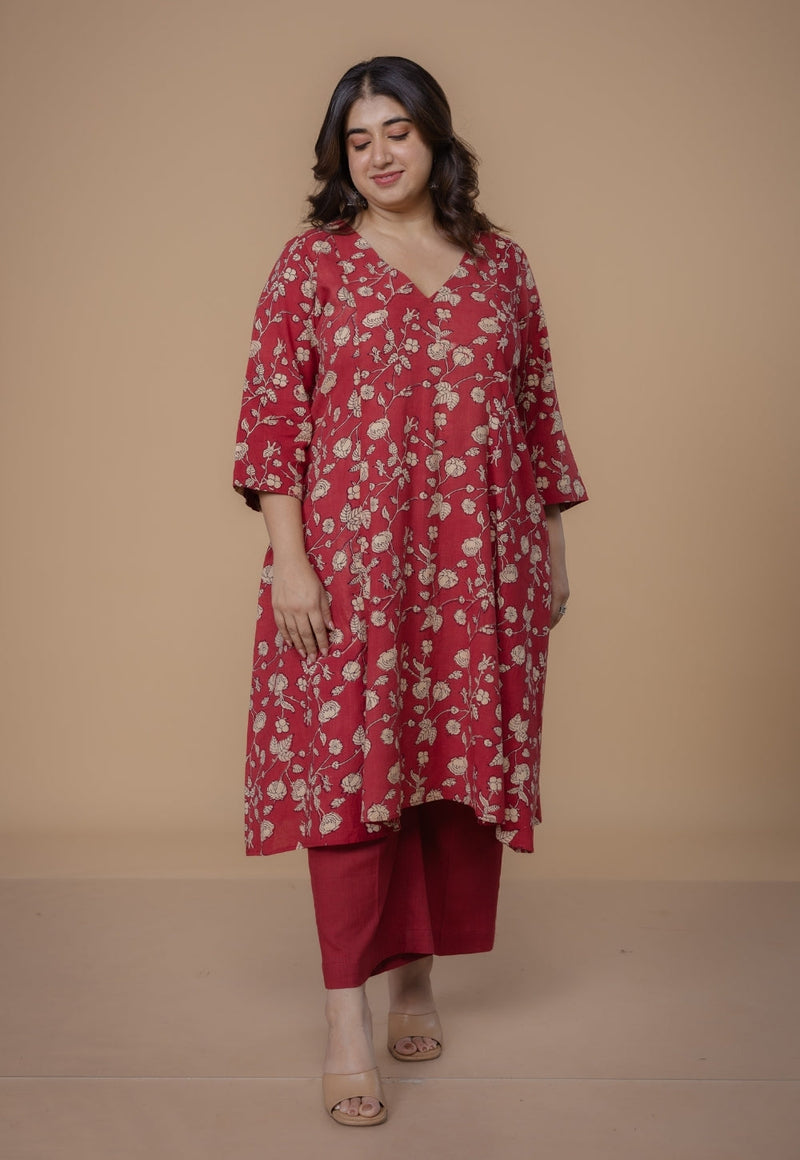 Yashi Red Solid Slub Cotton Straight Pant