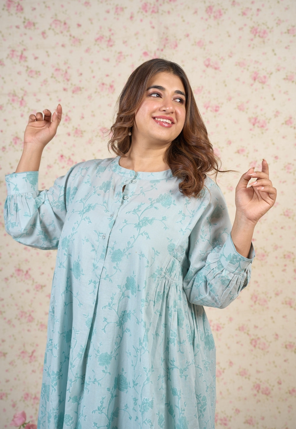 Clara Blue Floral Sanganeri Mul Cotton A Line Dress