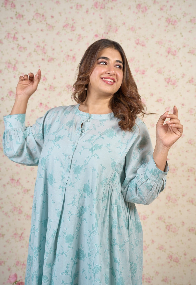 Clara Blue Floral Sanganeri Mul Cotton A Line Dress