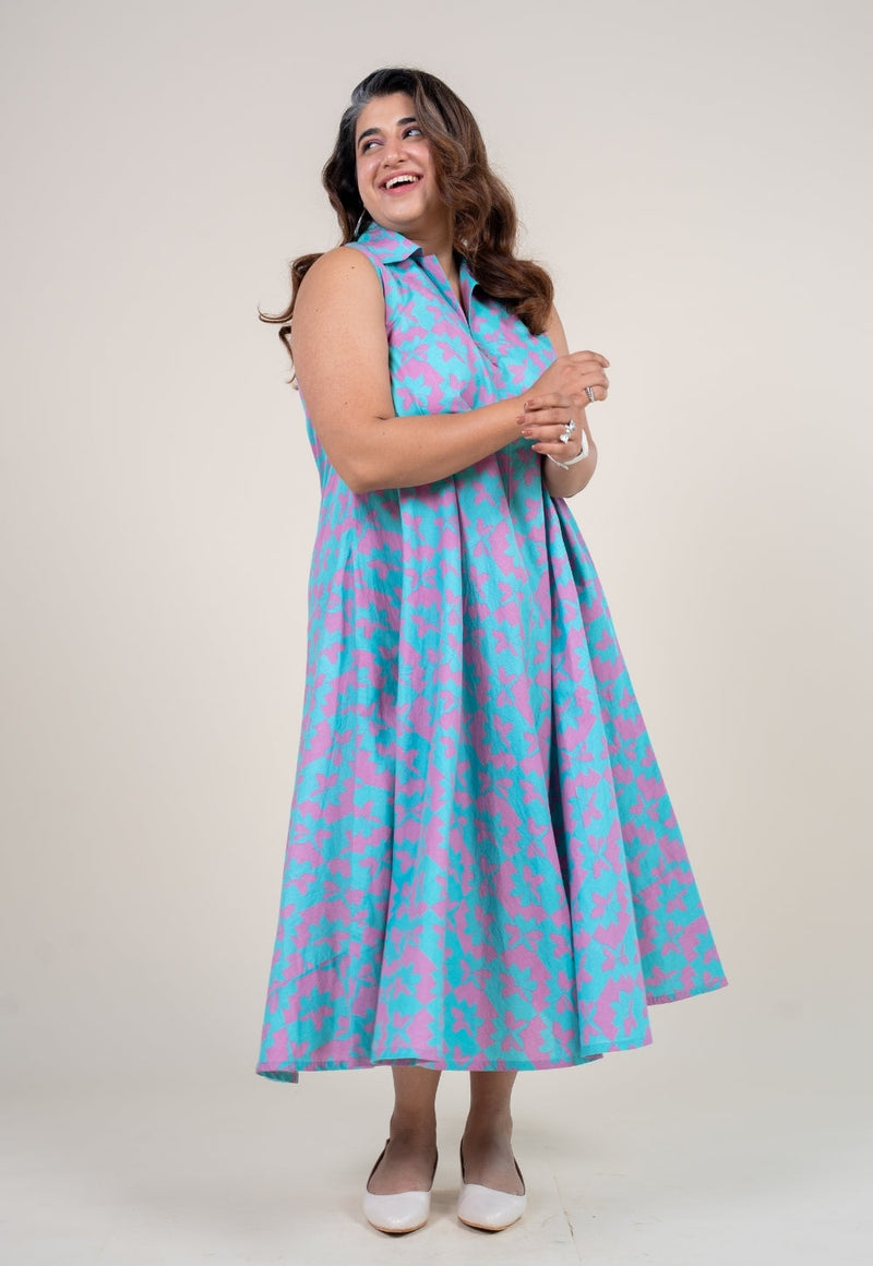 Arya Aqua Blue Printed Cotton A Line Dress with Hand Embroidery