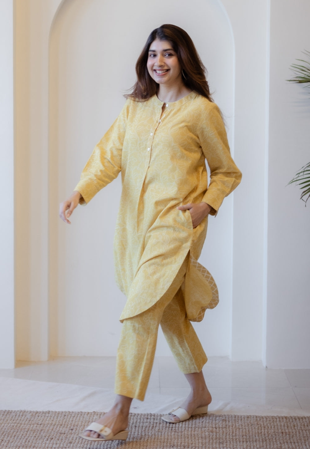 Asma Mustard Hand Block Print Slub Cotton A Line Kurta with Hand Embroidery