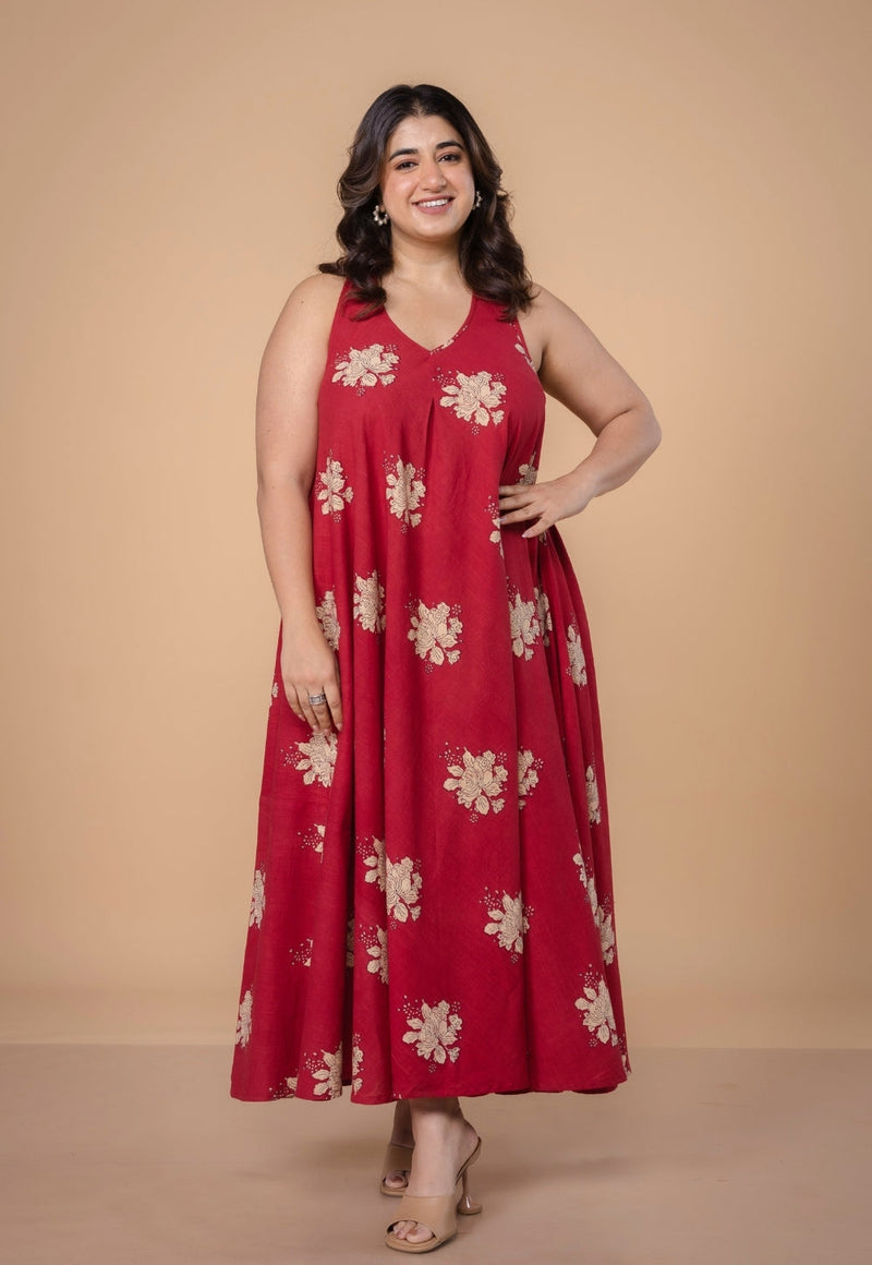 Tashi Red Dabu Slub Cotton A Line Dress