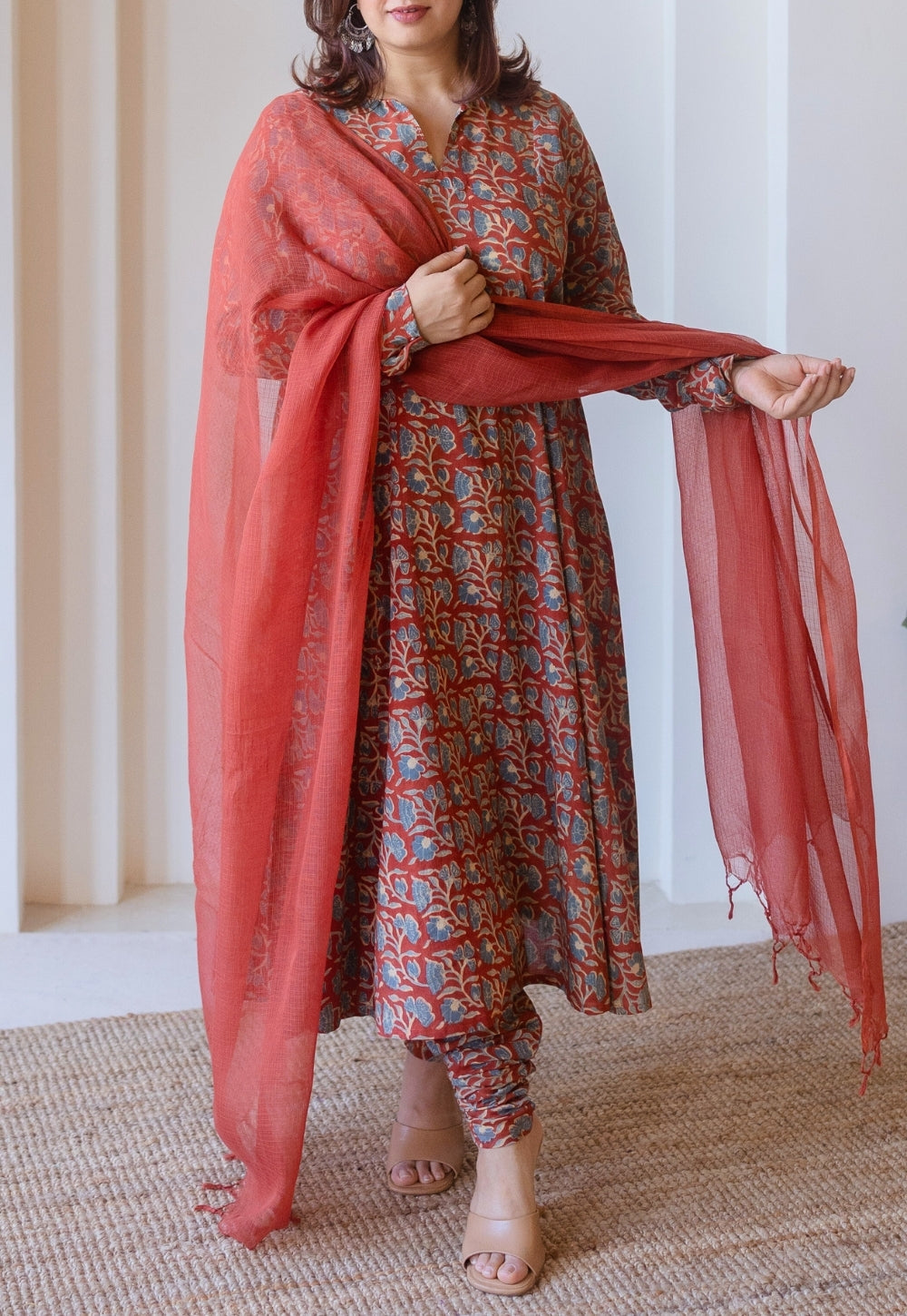 Shinat Red Ajrakh Cotton Kali Kurta with Hand Embroidery