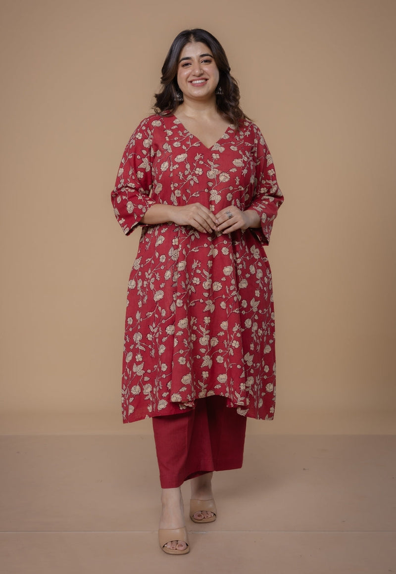 Smriti Red Dabu Slub Cotton Kali Kurta