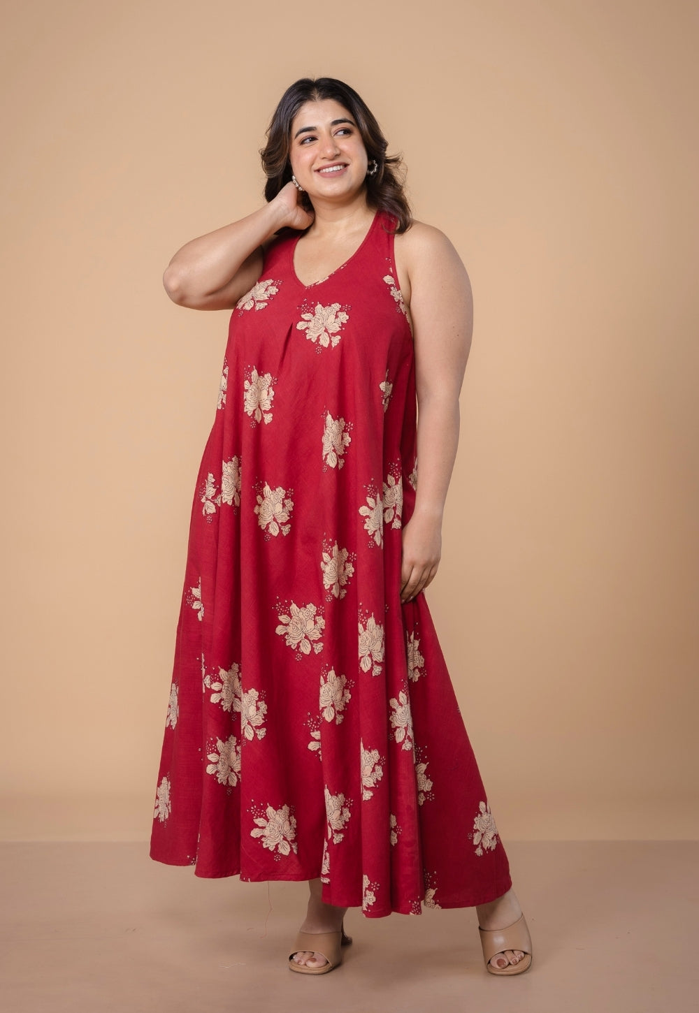 Tashi Red Dabu Slub Cotton A Line Dress