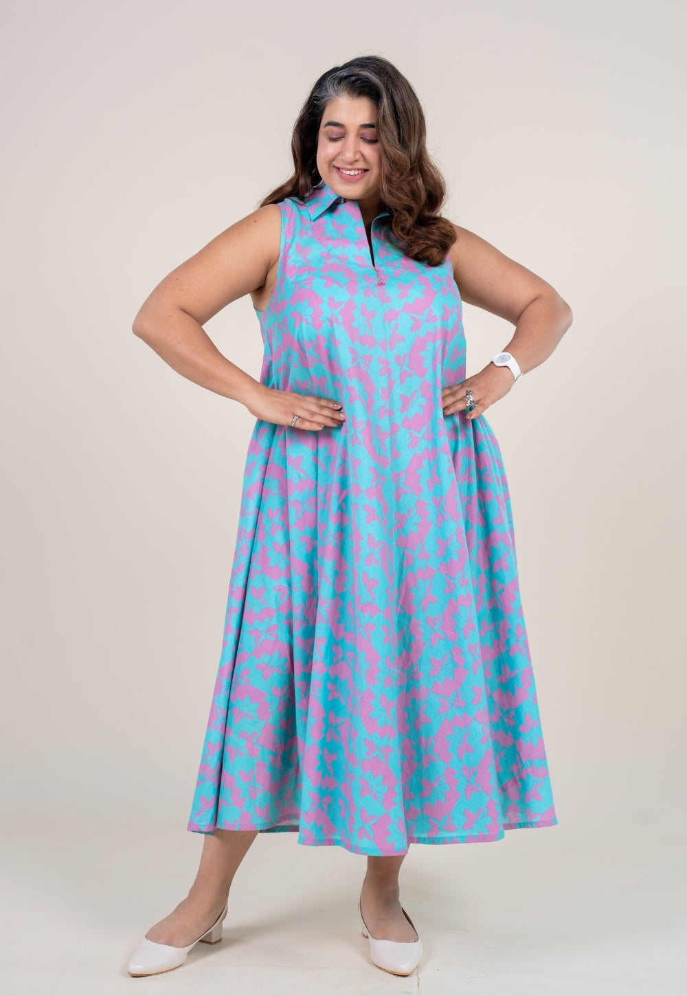 Arya Aqua Blue Printed Cotton A Line Dress with Hand Embroidery
