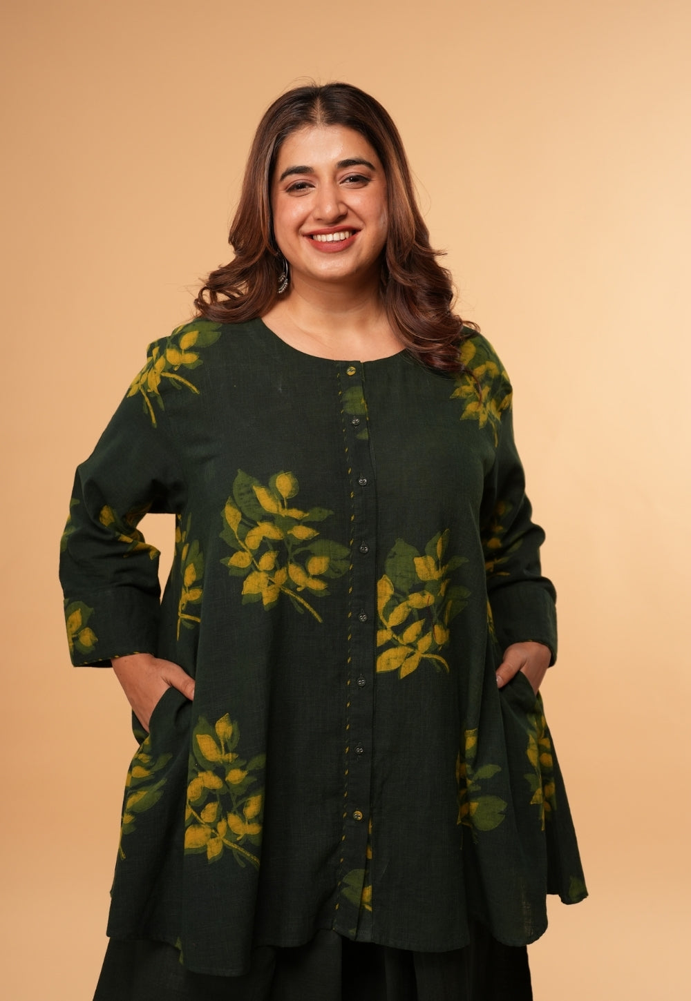 Urva Green Dabu Slub Cotton A Line Short Top