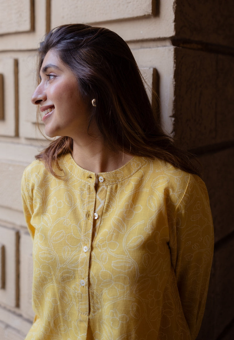Asma Mustard Hand Block Print Slub Cotton A Line Kurta with Hand Embroidery
