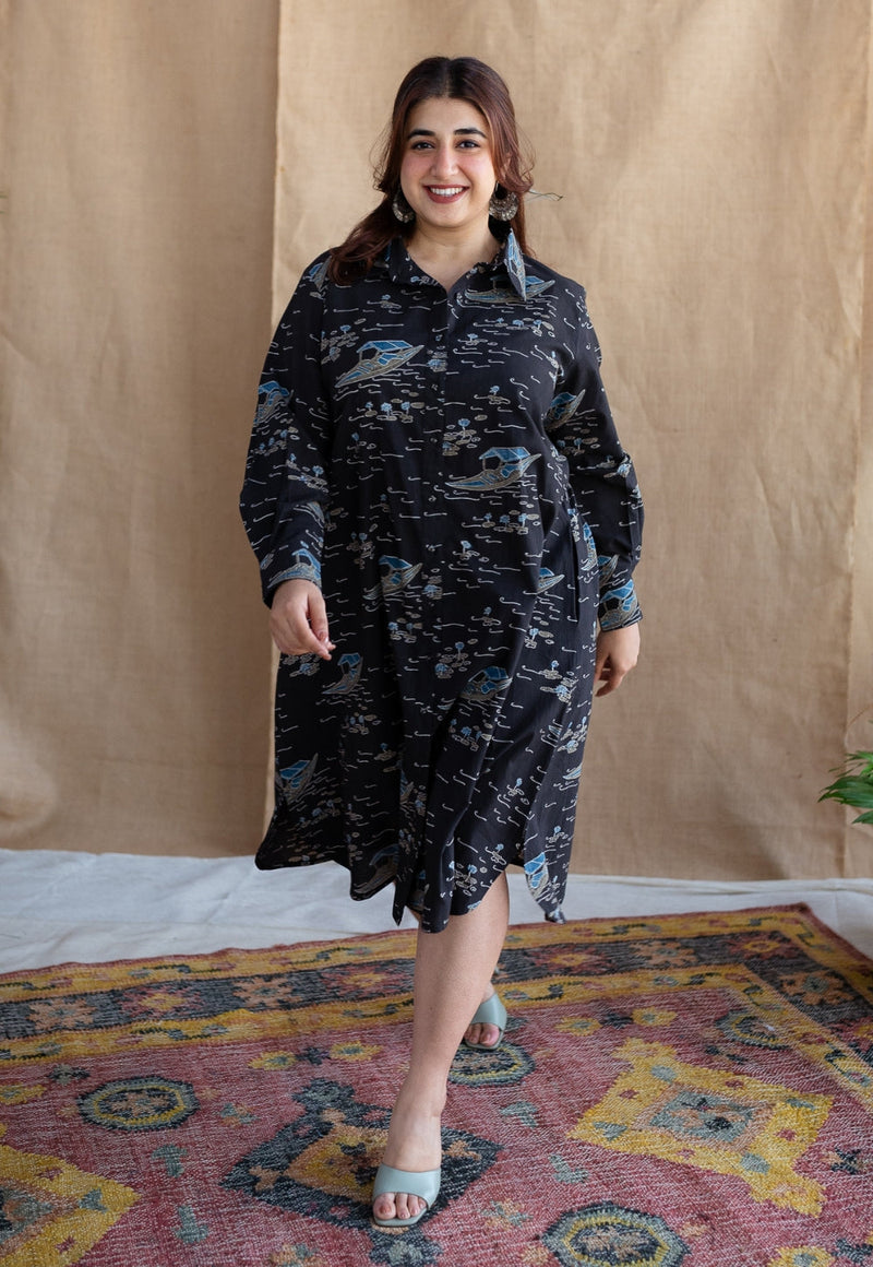 Sirin Charcoal Ajrakh Cotton A Line Dress