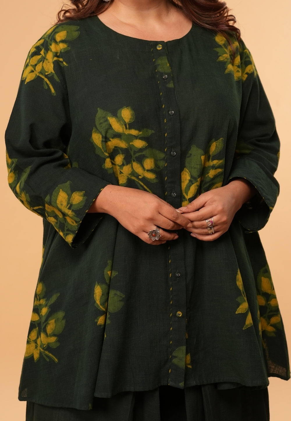 Urva Green Dabu Slub Cotton A Line Short Top