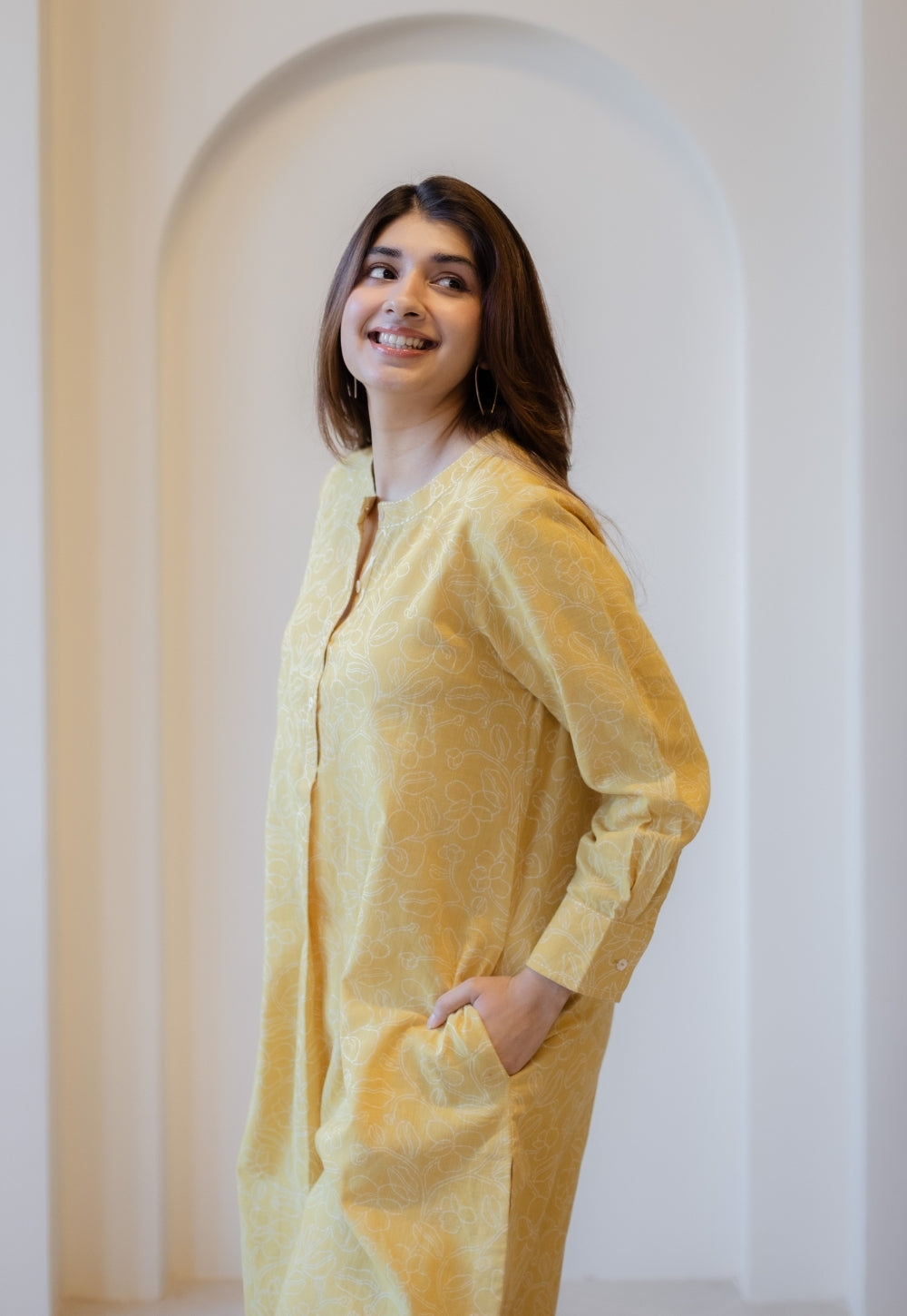 Asma Mustard Hand Block Print Slub Cotton A Line Kurta with Hand Embroidery