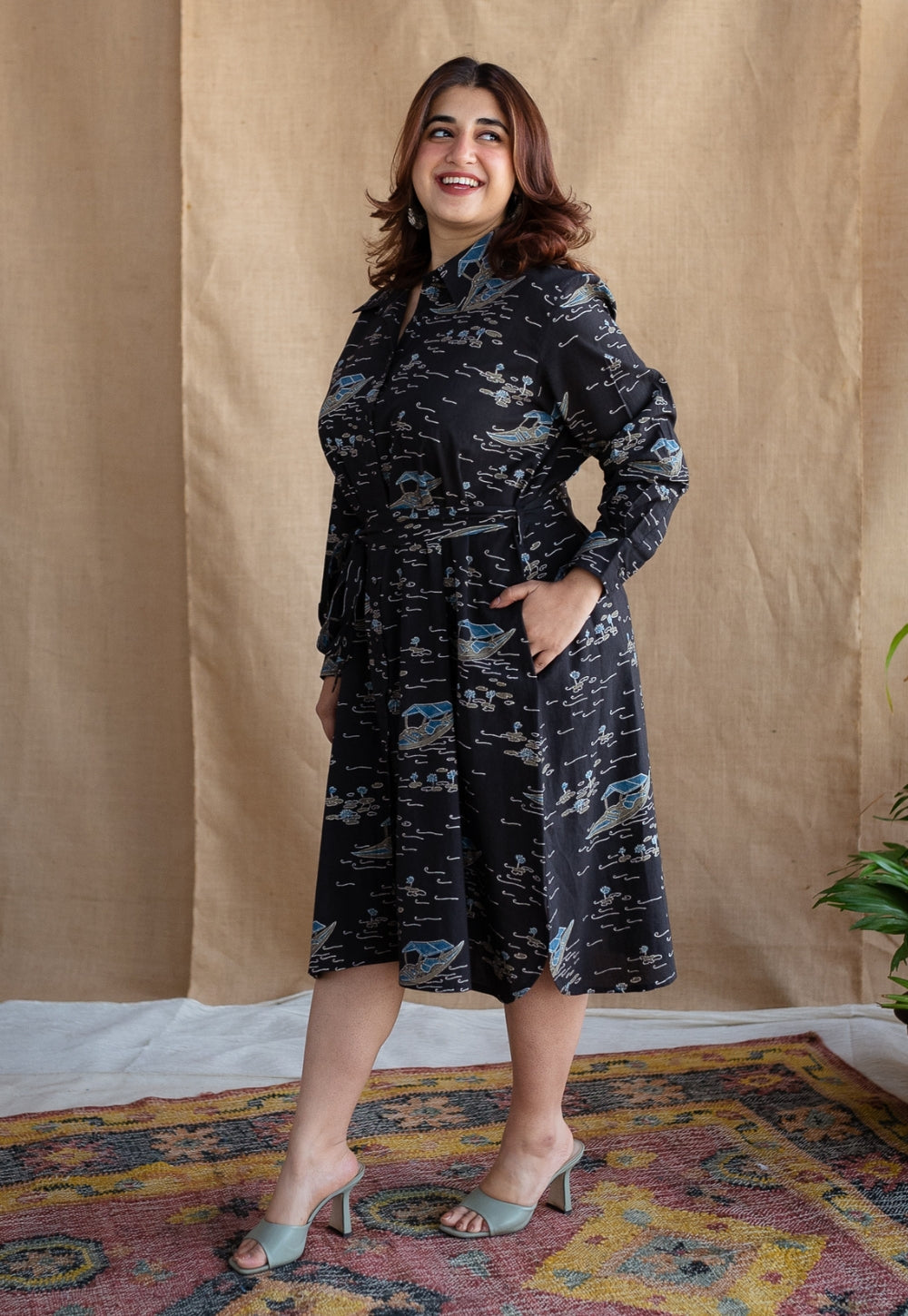 Sirin Charcoal Ajrakh Cotton A Line Dress