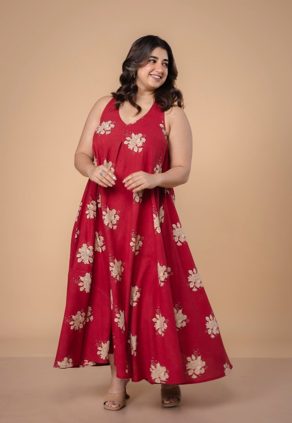 Tashi Red Dabu Slub Cotton A Line Dress