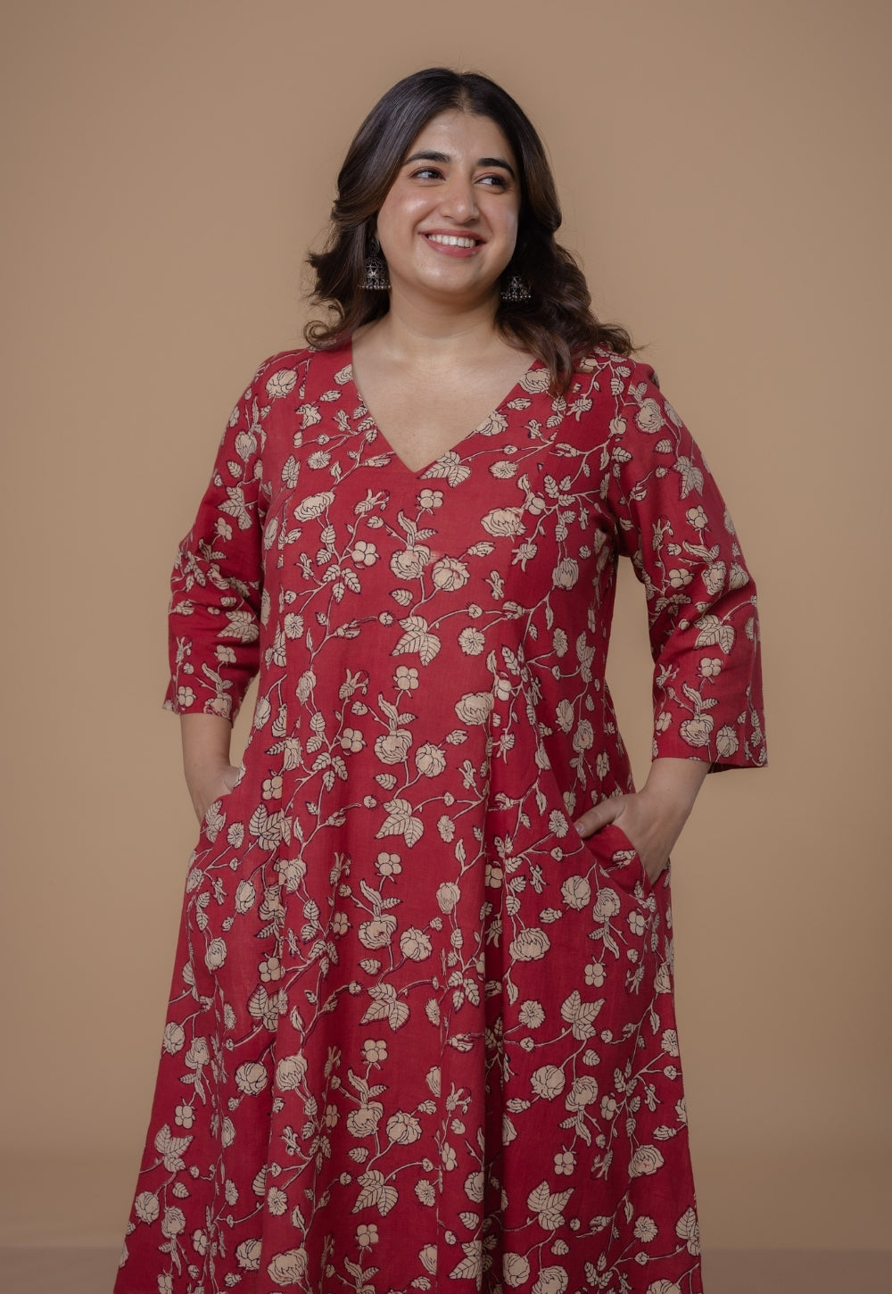 Smriti Red Dabu Slub Cotton Kali Kurta