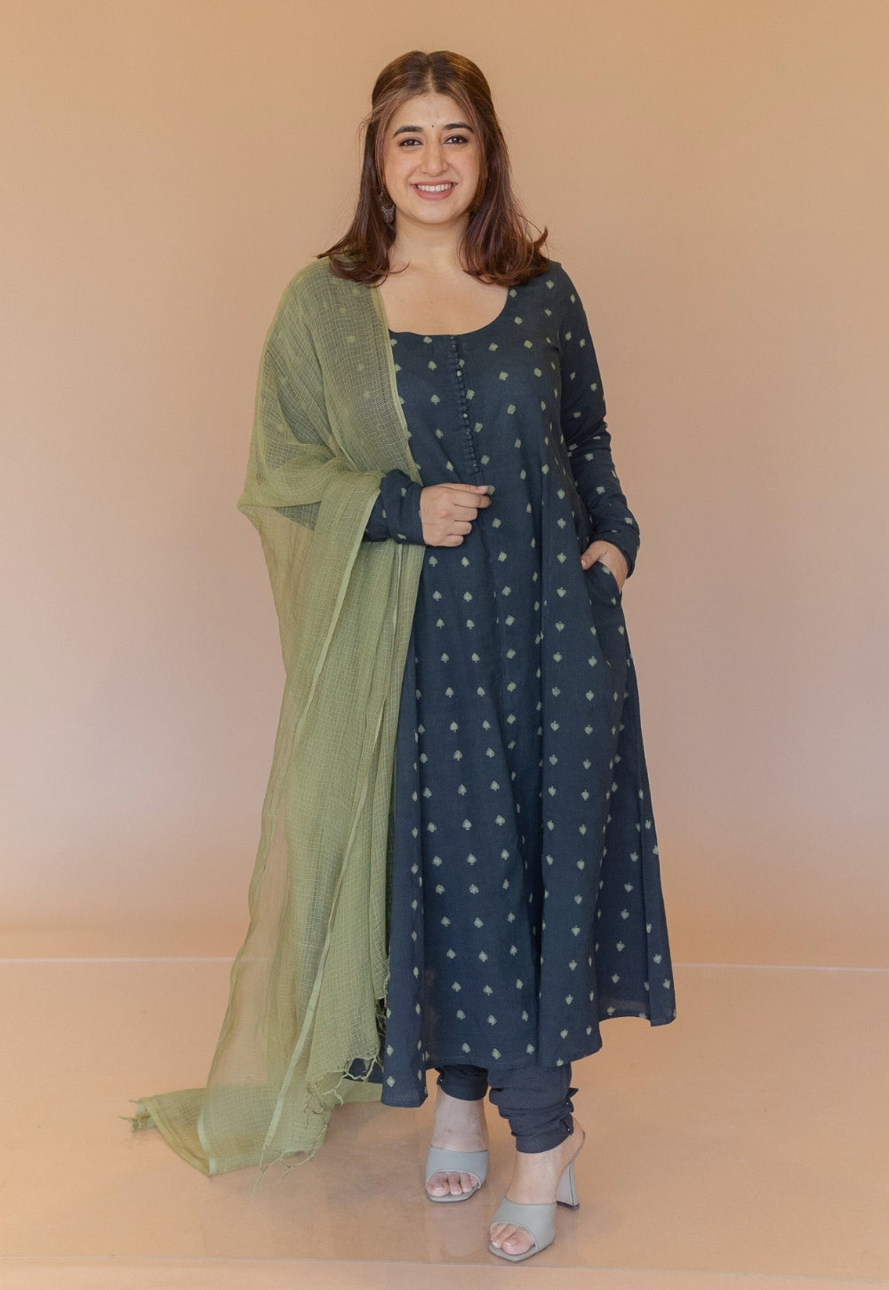 Miral Green Solid Slub Cotton Churidar
