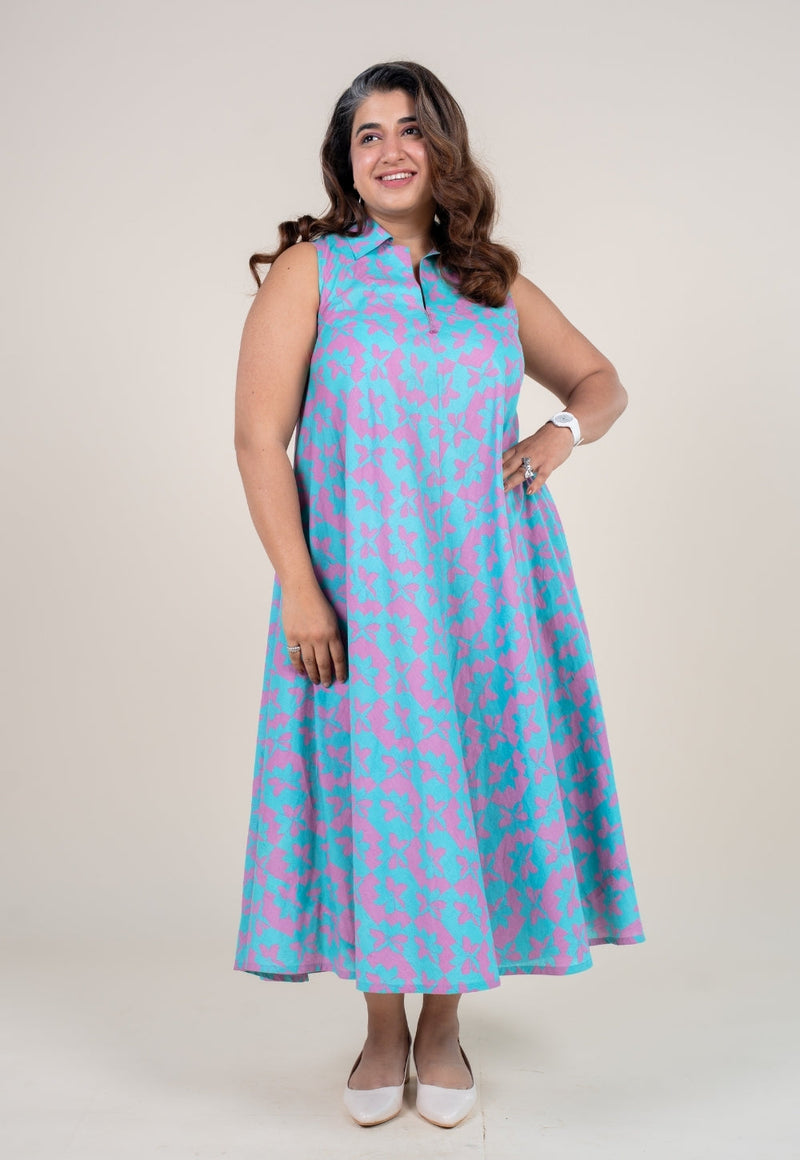 Arya Aqua Blue Printed Cotton A Line Dress with Hand Embroidery