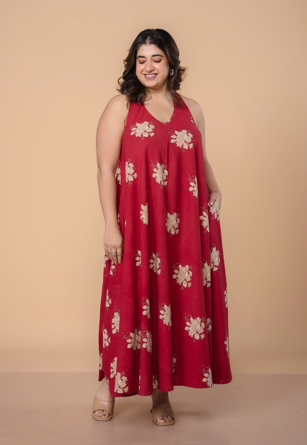 Tashi Red Dabu Slub Cotton A Line Dress