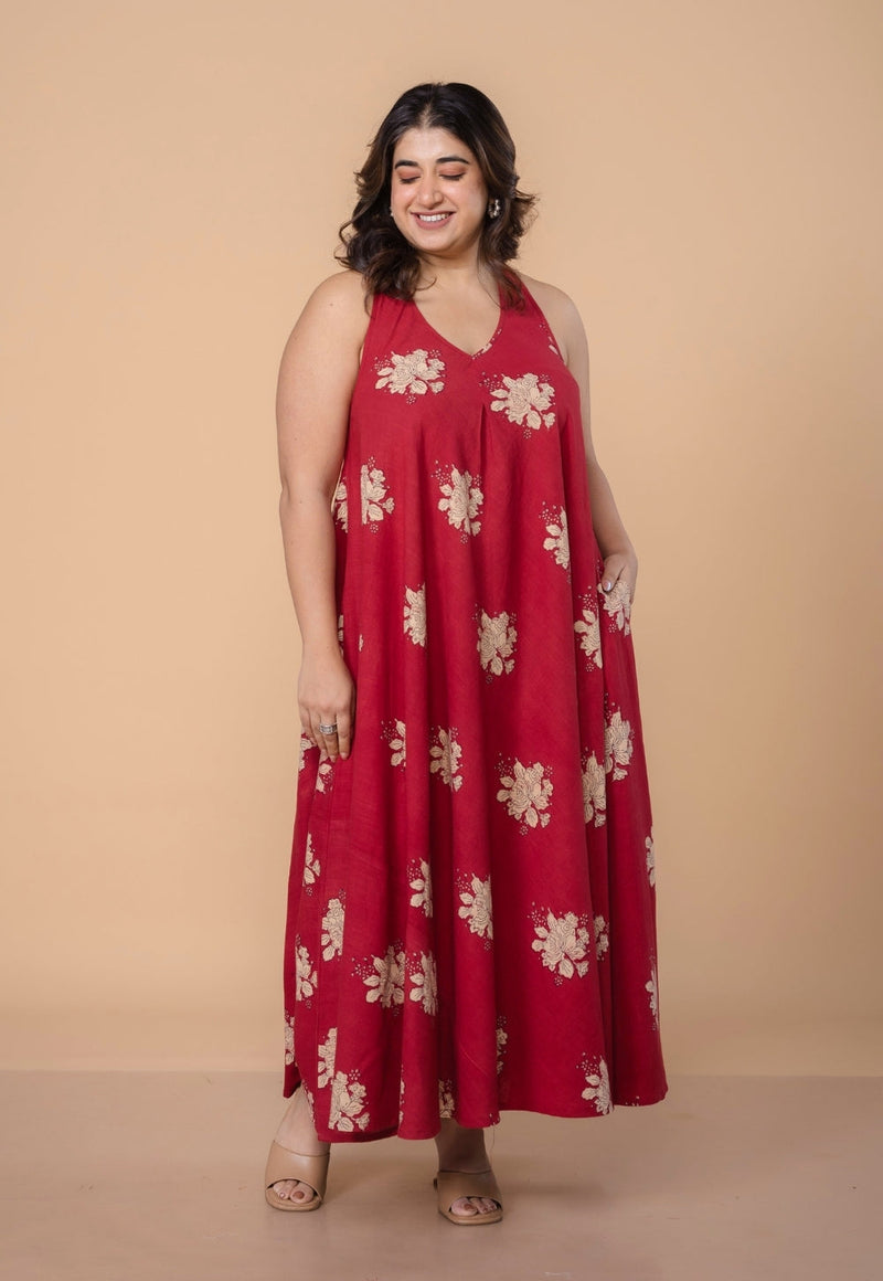 Tashi Red Dabu Slub Cotton A Line Dress