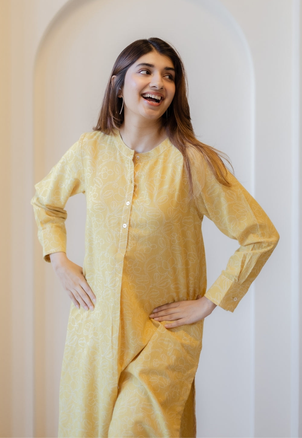 Asma Mustard Hand Block Print Slub Cotton A Line Kurta with Hand Embroidery
