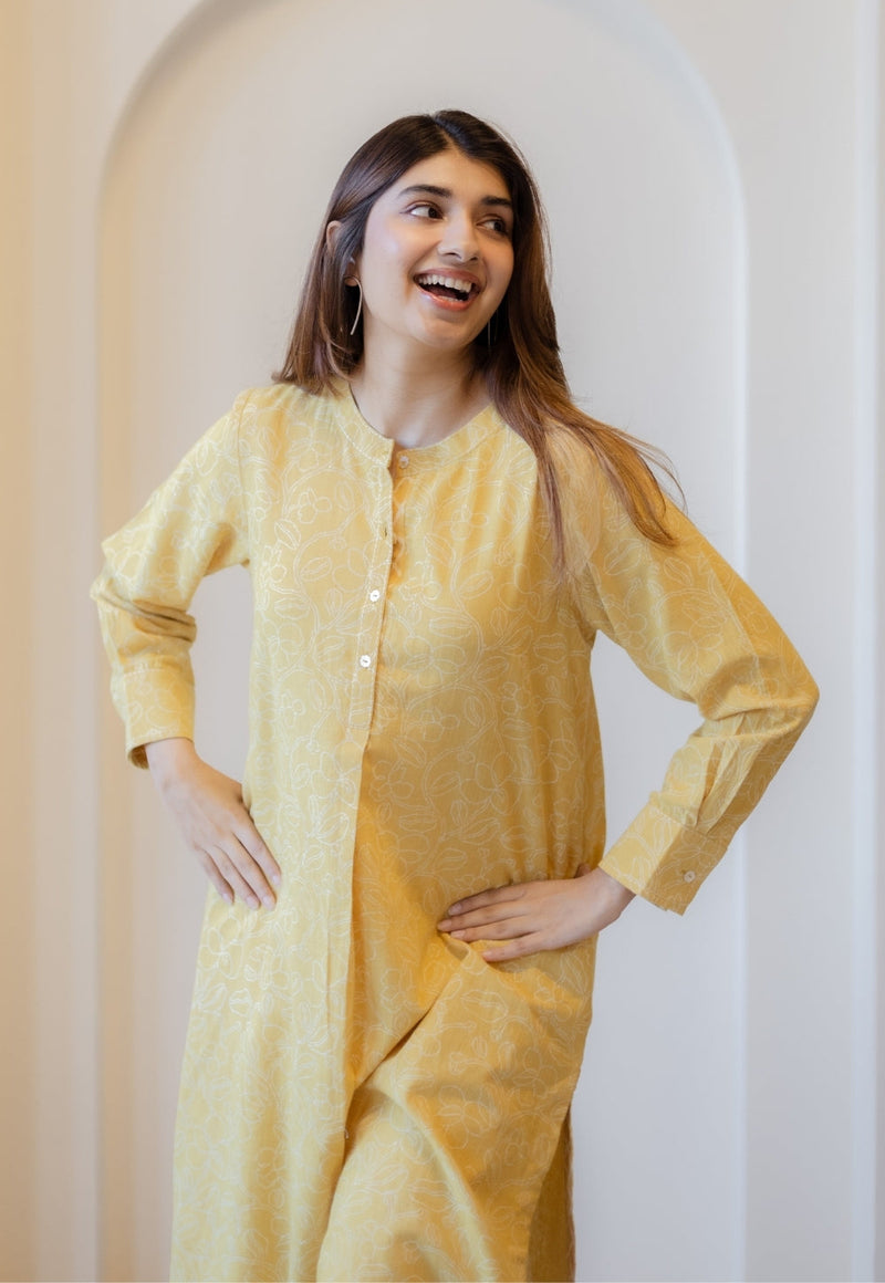 Asma Mustard Hand Block Print Slub Cotton A Line Kurta with Hand Embroidery