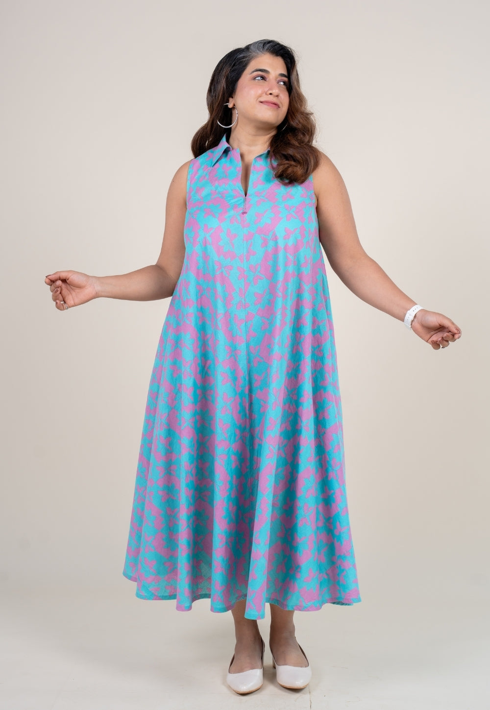 Arya Aqua Blue Printed Cotton A Line Dress with Hand Embroidery