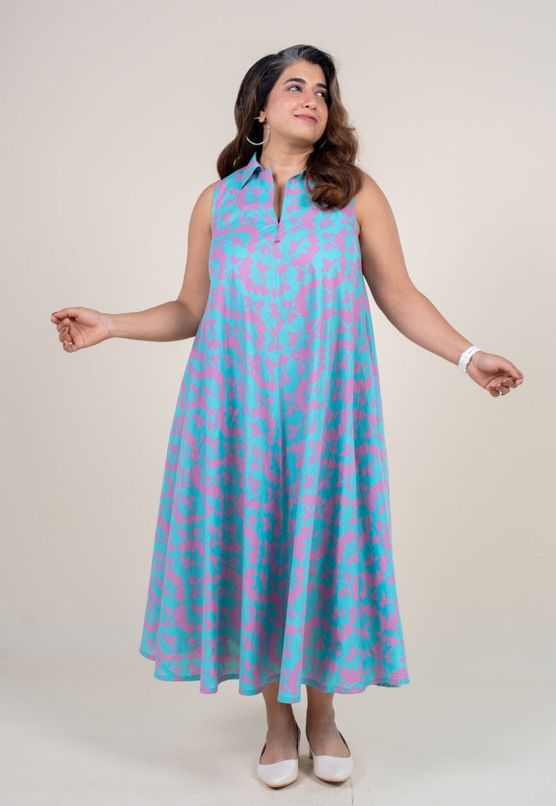 Arya Aqua Blue Printed Cotton A Line Dress with Hand Embroidery