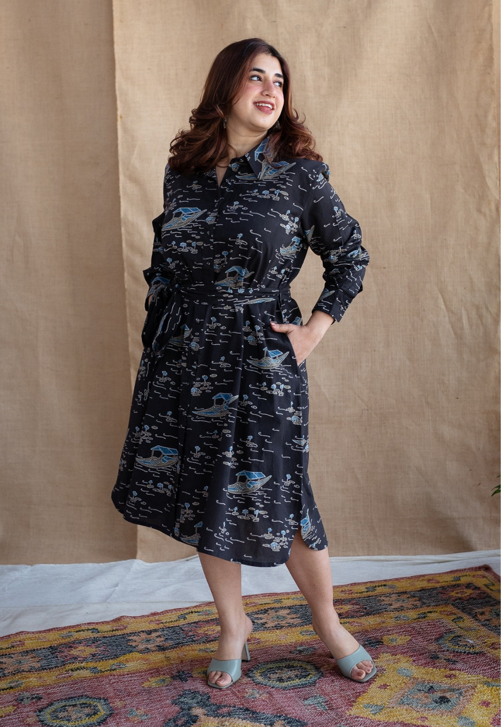 Sirin Charcoal Ajrakh Cotton A Line Dress