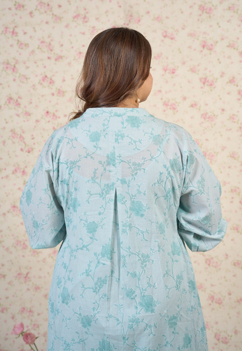 Clara Blue Floral Sanganeri Mul Cotton A Line Dress