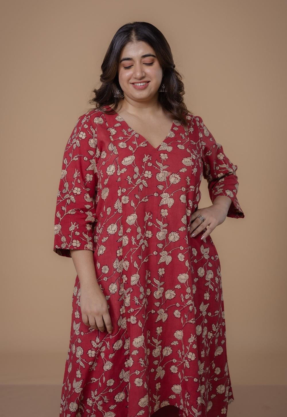 Smriti Red Dabu Slub Cotton Kali Kurta
