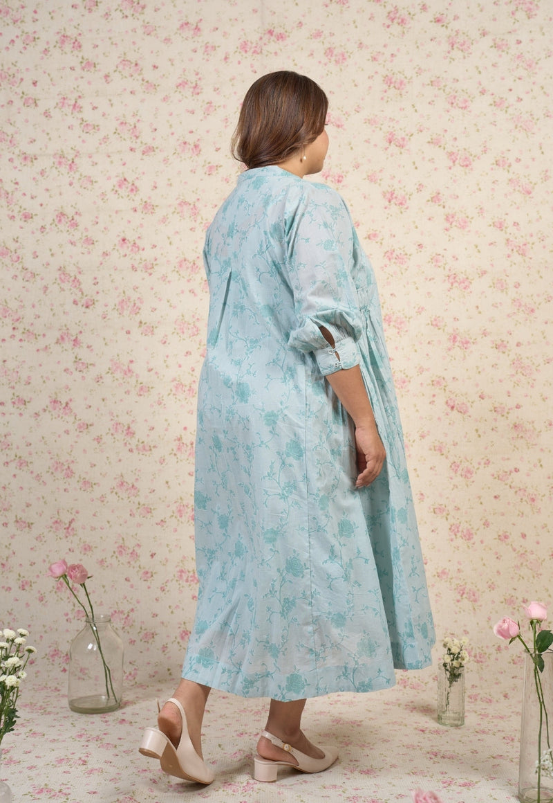Clara Blue Floral Sanganeri Mul Cotton A Line Dress