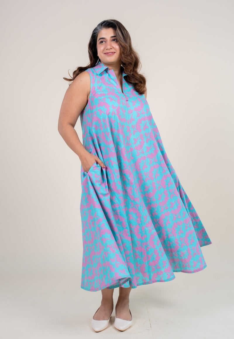 Arya Aqua Blue Printed Cotton A Line Dress with Hand Embroidery