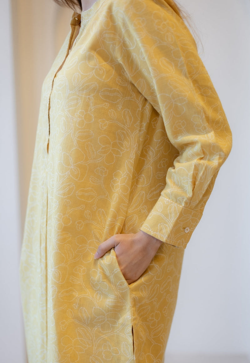Asma Mustard Hand Block Print Slub Cotton A Line Kurta with Hand Embroidery